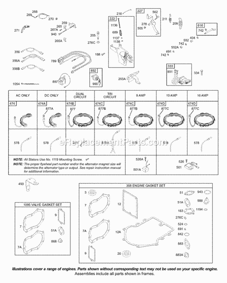 Alternator Controls Electrical Governor Spring Ignition KitsGaskets-Engine Diagram and Parts List for 42B707-2265-E1  Briggs and Stratton Engine